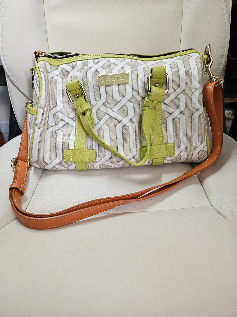 Spartina 449 White Geometric Crossbody with Lime and Tan Accents
